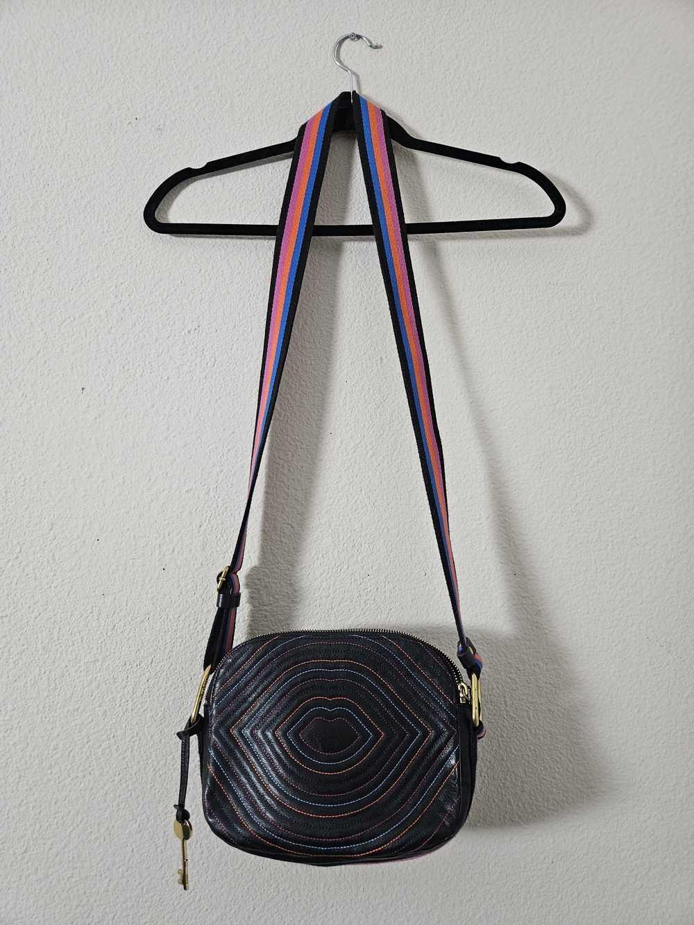 Fossil Black Quilted Crossbody with Rainbow Stripe Strap 💋